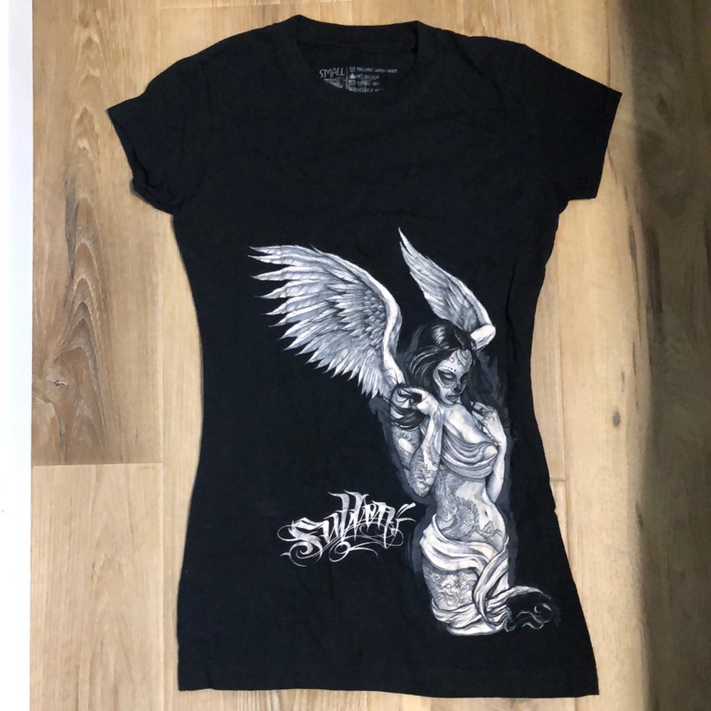 Black Graphic Tee with Angel Design